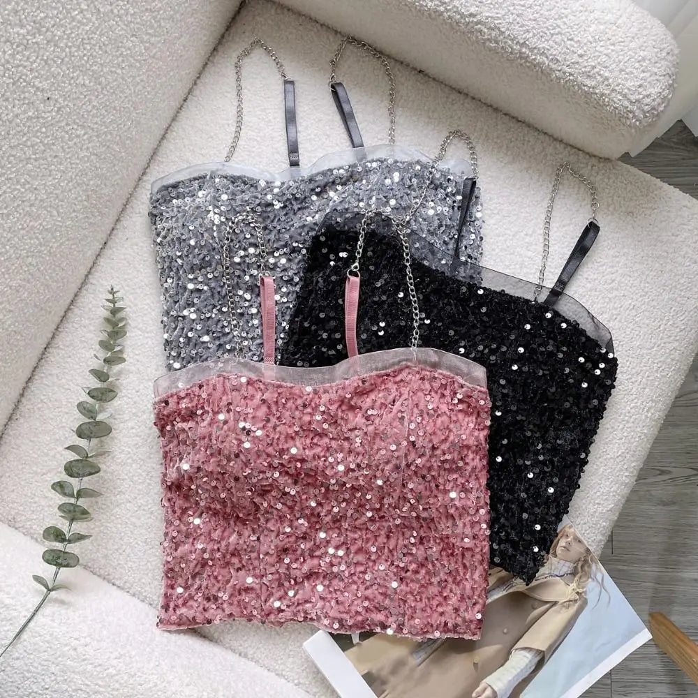 Shiny Sequin Crop Vest Top – Slim Sleeveless Party Camisole Sequin Crop Vest Qme