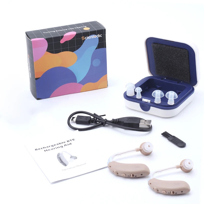 XceeFit BTE Rechargeable Sound Amplifier – 4-Mode USB Sound Amplifier Qst 2Pcs-Beige