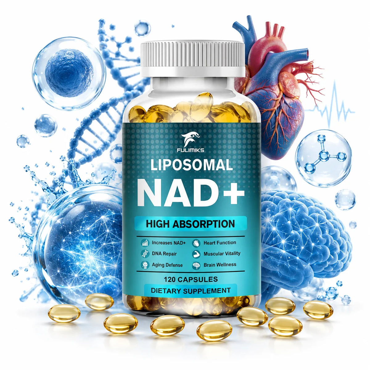 FULIMIKS Liposomal NAD+ 1000mg Capsules – 120ct, Made in USA NAD+ Supplement Qst