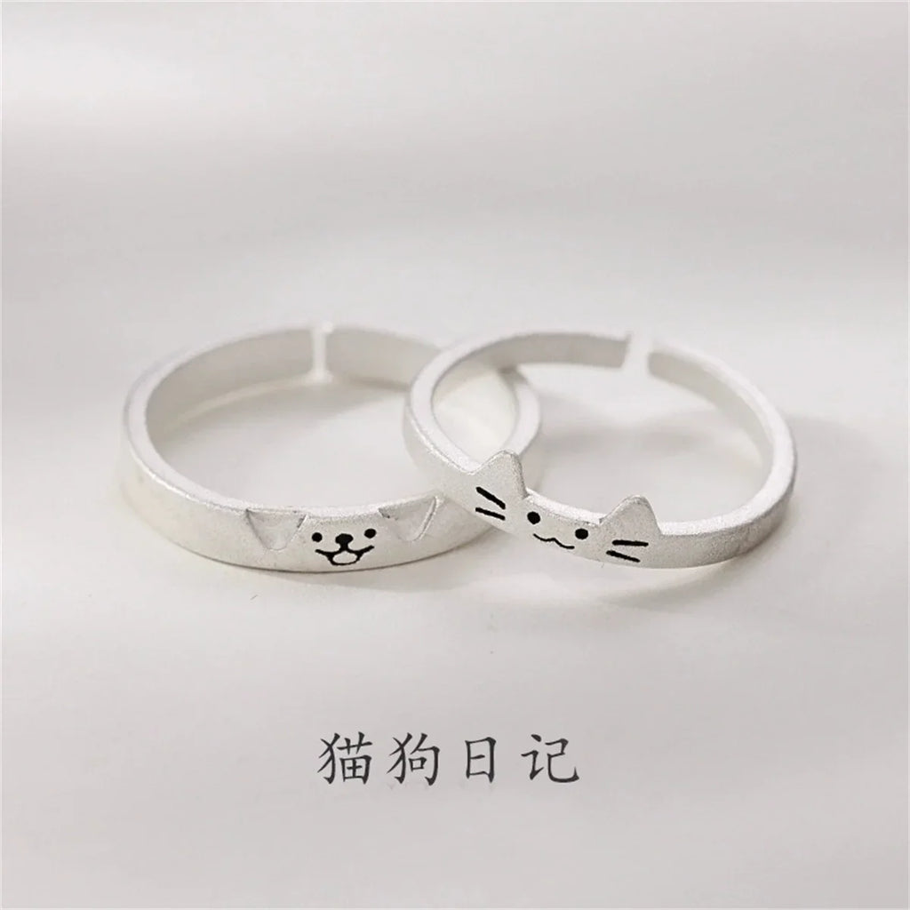 Cute Cat & Dog Couple Ring – Animal Statement Ring for Women & Men Animal Couple Ring Qme