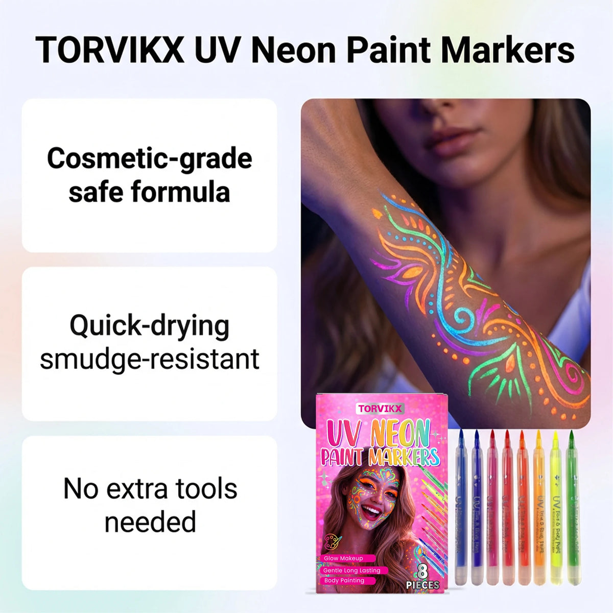 UV Glow Face & Body Paint Pens – Washable Neon Party Makeup Body Paint Pen Qst