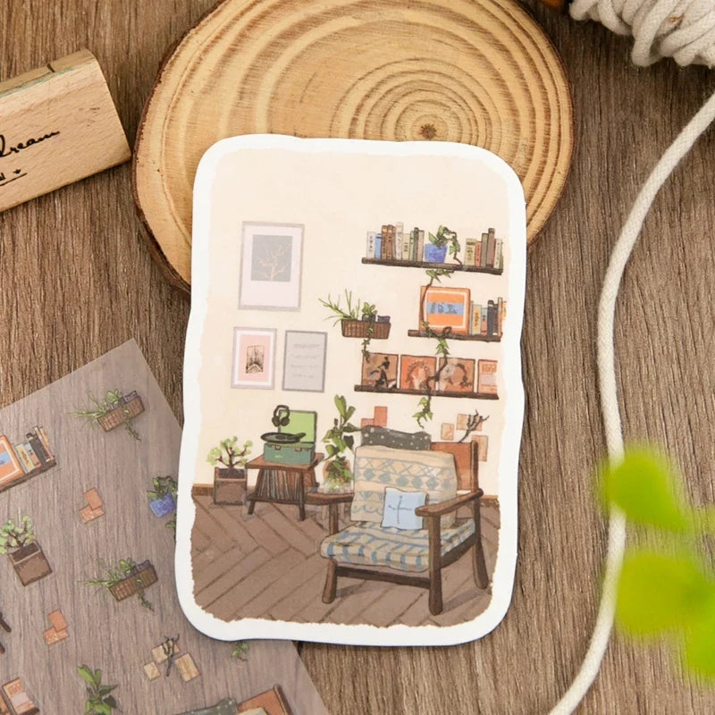 Cozy Home Illustration Stickers – 4 Bag Set for Journaling Decorative Sticker Pack Qme
