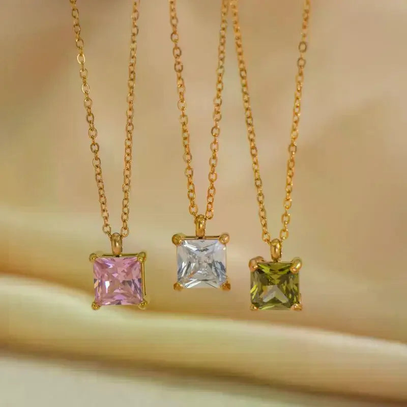 Minimalist Stainless Steel Square Zircon Pendant Necklace Pendant Necklace Qme