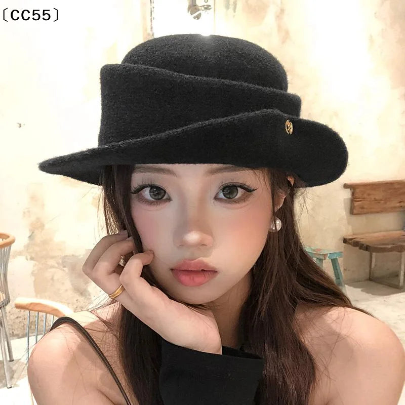 French Hepburn Black Woolen Bucket Hat – Women's Winter Style Woolen Bucket Hat Qst
