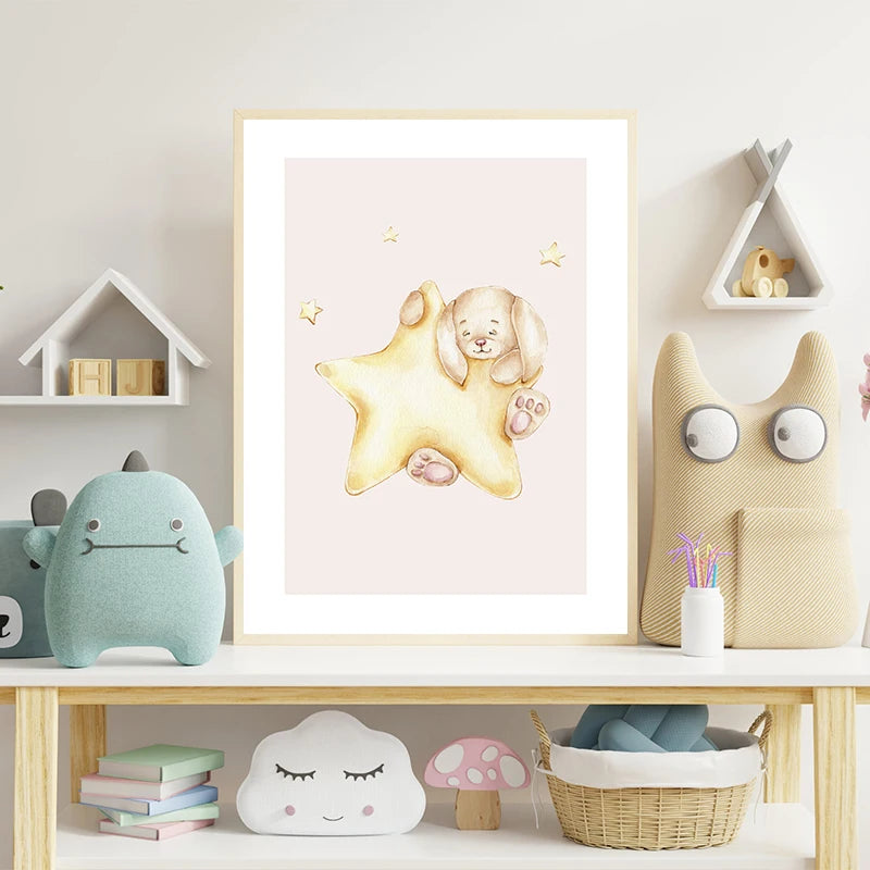 Cartoon Animals Moon Stars Canvas Wall Art Poster | Home Decor Canvas Wall Art Qst