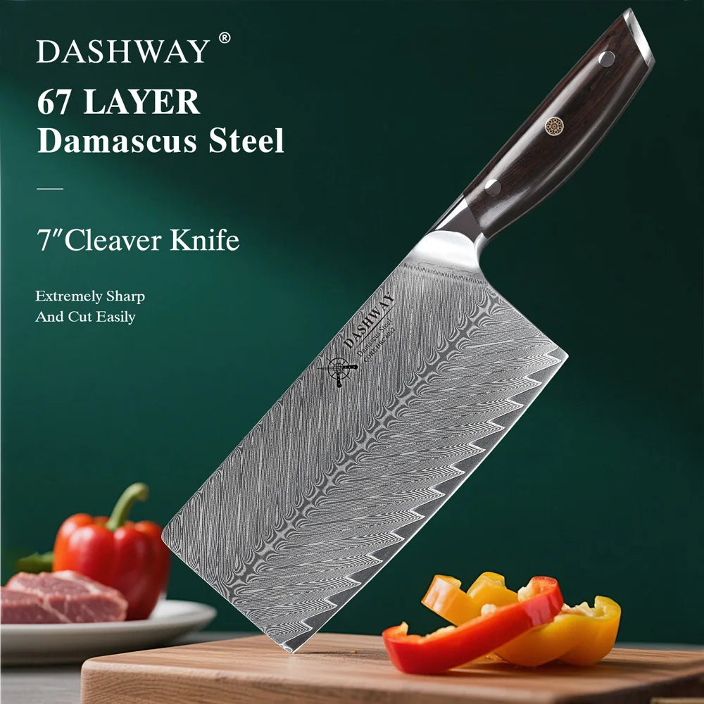 DASHWAY 7" Damascus Steel Cleaver Knife – Ebony Handle Damascus Cleaver Knife Qst Cleaver Knife 7 inch