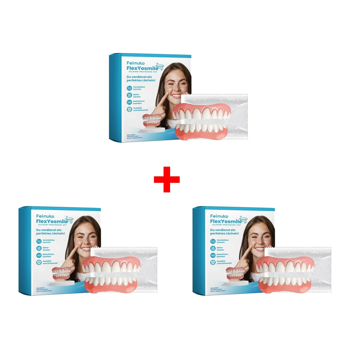 Silicone Full Dentures – Natural False Teeth with Gum Fit Silicone Dentures Qme 3Set Boxed