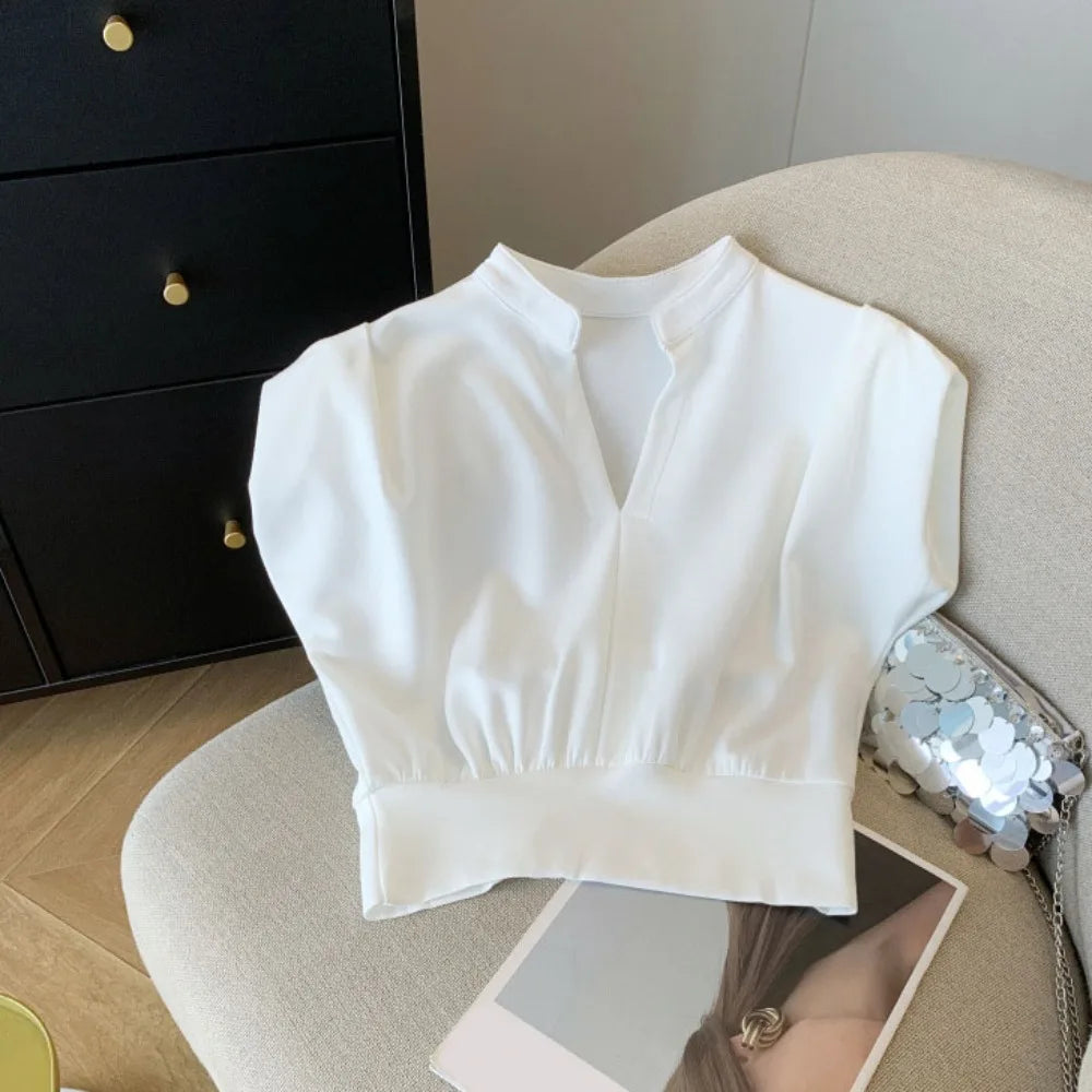 Y2K V-Neck Flip Collar Sleeveless Crop Top | Slim Fit Wide Shoulder Sleeveless Crop Top Qme White L