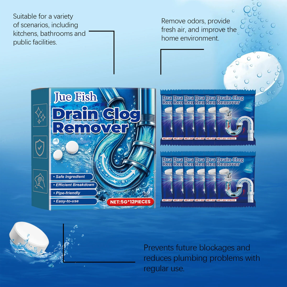 12-Pack Drain Unclogging Effervescent Tablets | Pipe Cleaner Drain Cleaner Tablets Qst