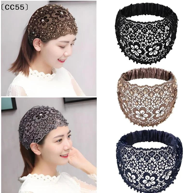 Women's Rhinestone Faux Pearl Hollow Flower Wide Headband Fashion Headband Qst