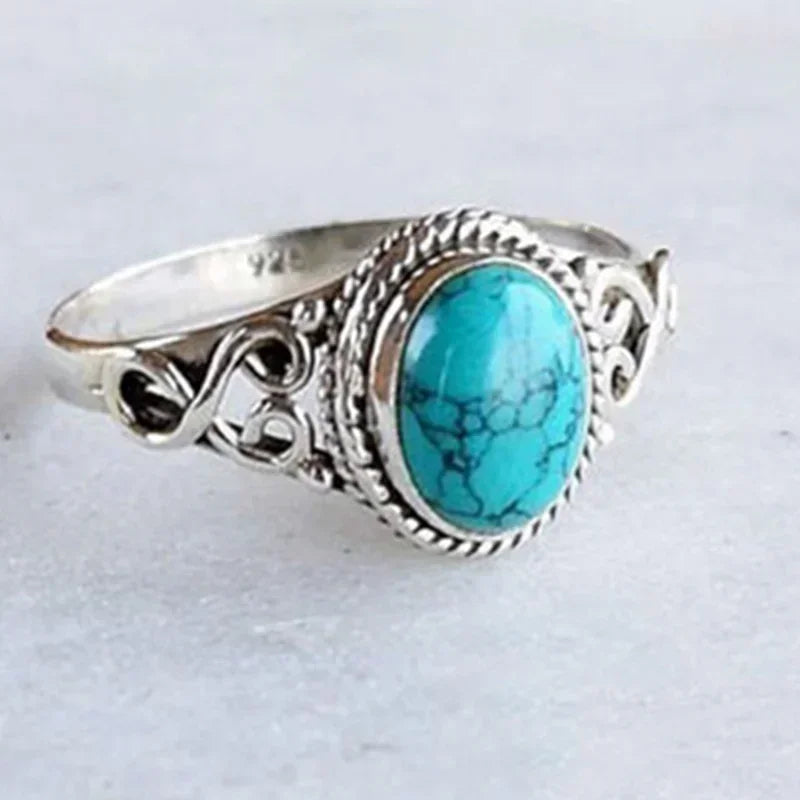 Natural Turquoise Ring – Retro Elegant Wedding & Engagement Gemstone Fashion Ring Qme A 11