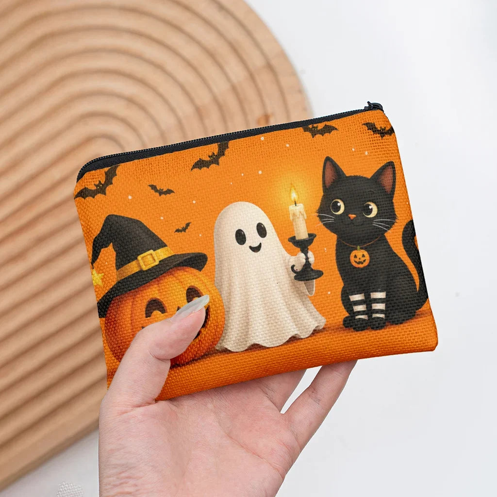 Halloween Pumpkin Ghost Black Cat Canvas Coin Purse Canvas Coin Purse Qme