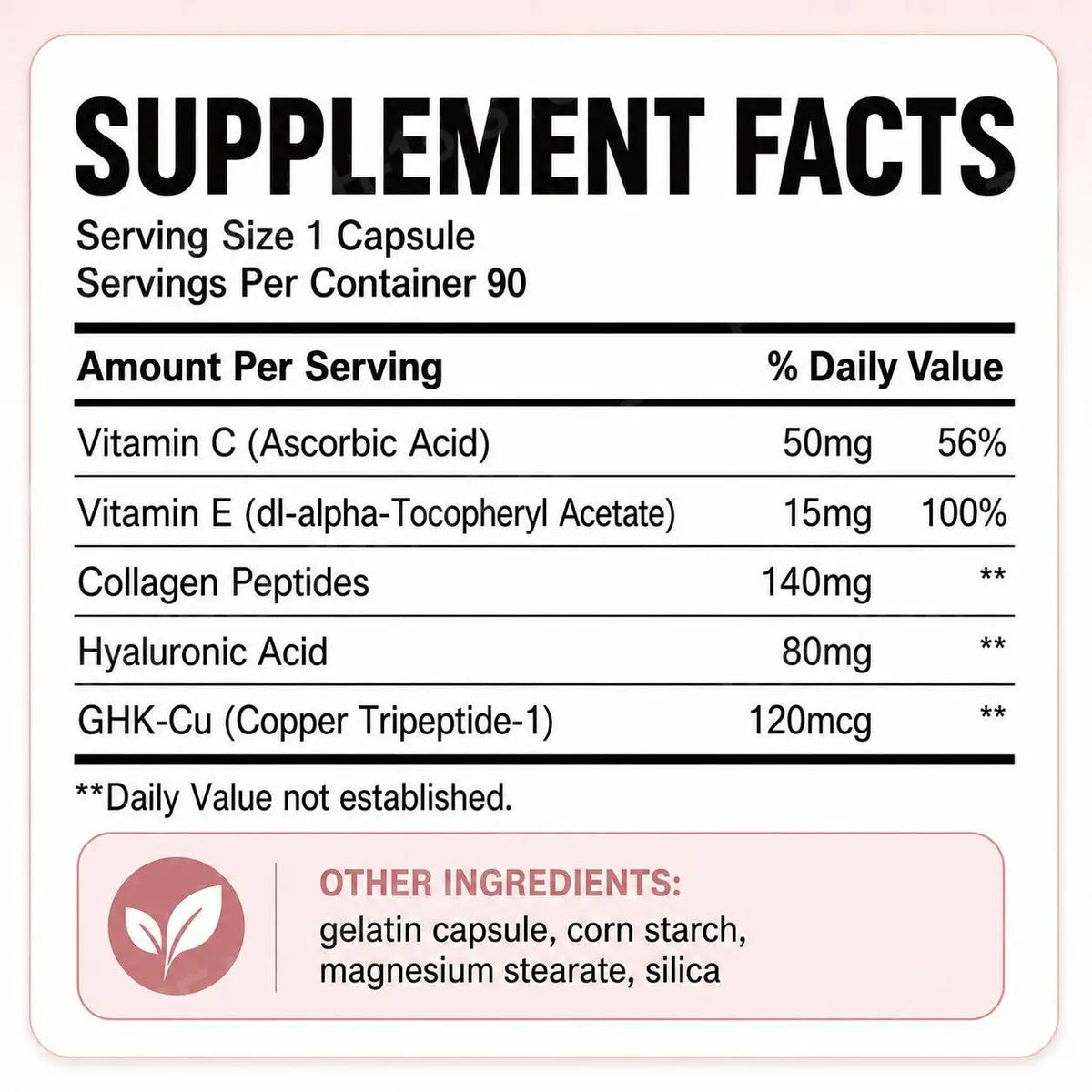 BushAid GHK-Cu Copper Peptide Capsules + Vitamins C & E – 90ct Beauty Supplement Capsules Qst