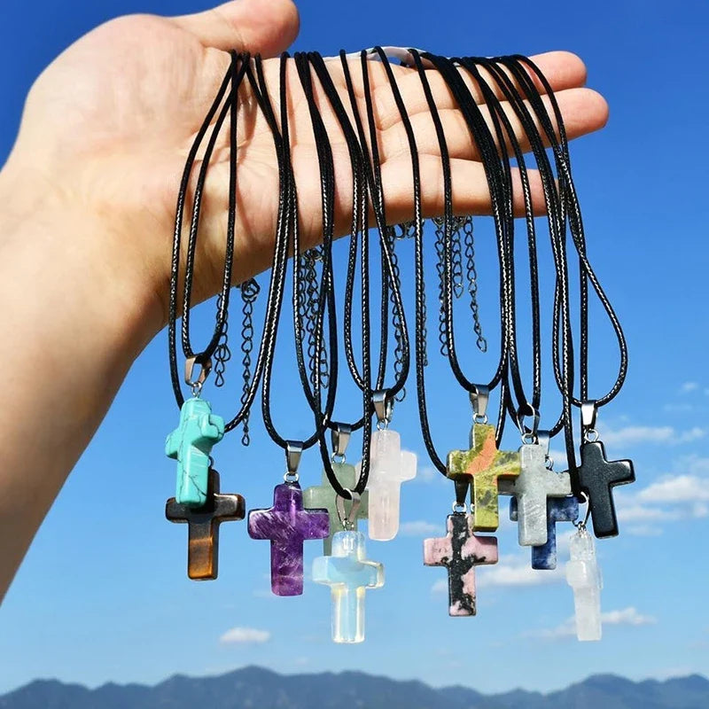 Natural Stone Cross Pendant Necklace | Punk Rock Y2K Style Stone Cross Necklace Qme