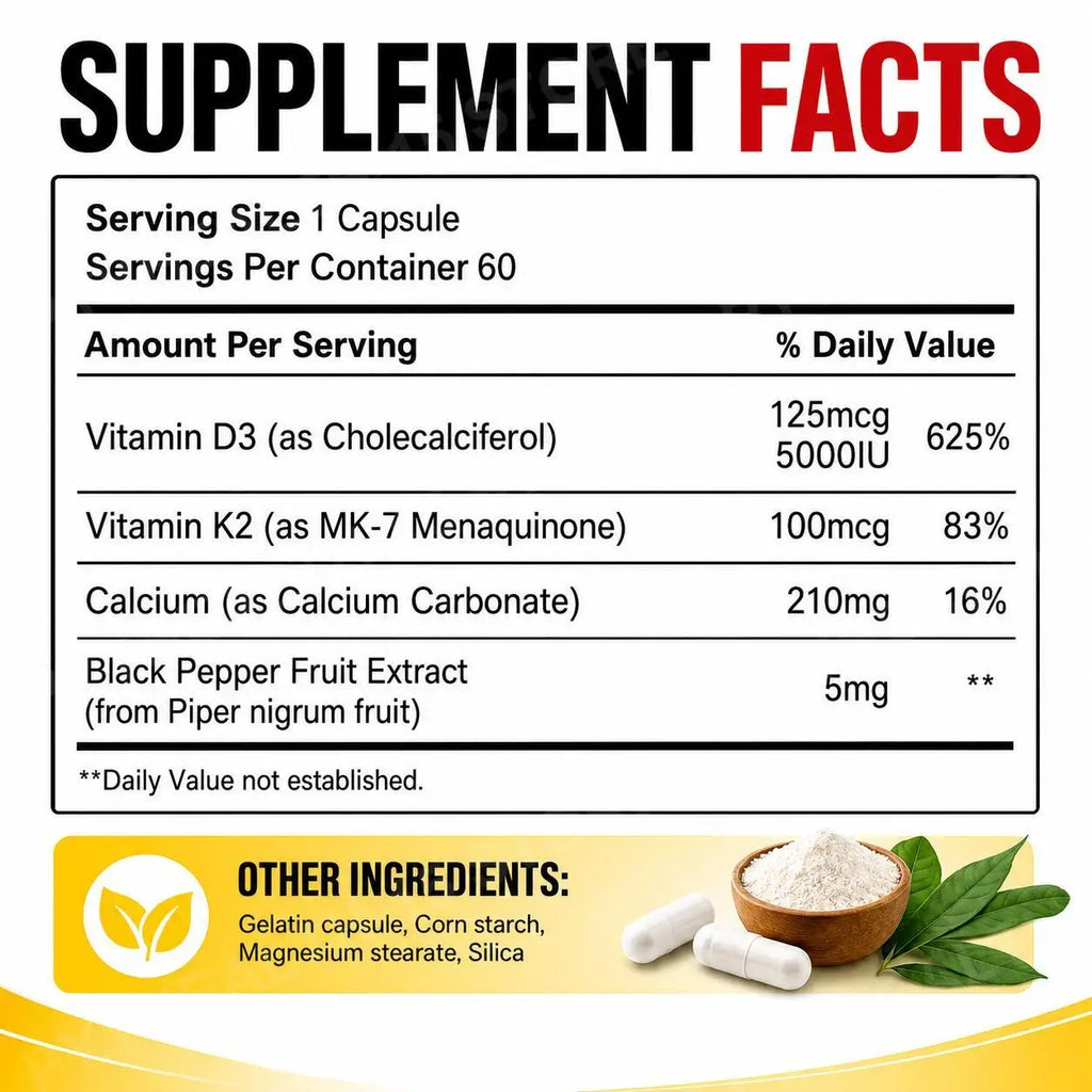 Vitamin D3 K2 Capsules with Calcium & MK-7 | 60 Count Vitamin Supplement Qst