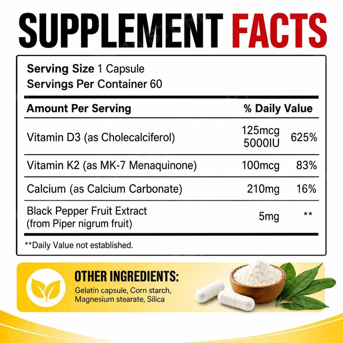 Vitamin D3 K2 Capsules with Calcium & MK-7 | 60 Count Vitamin Supplement Qst