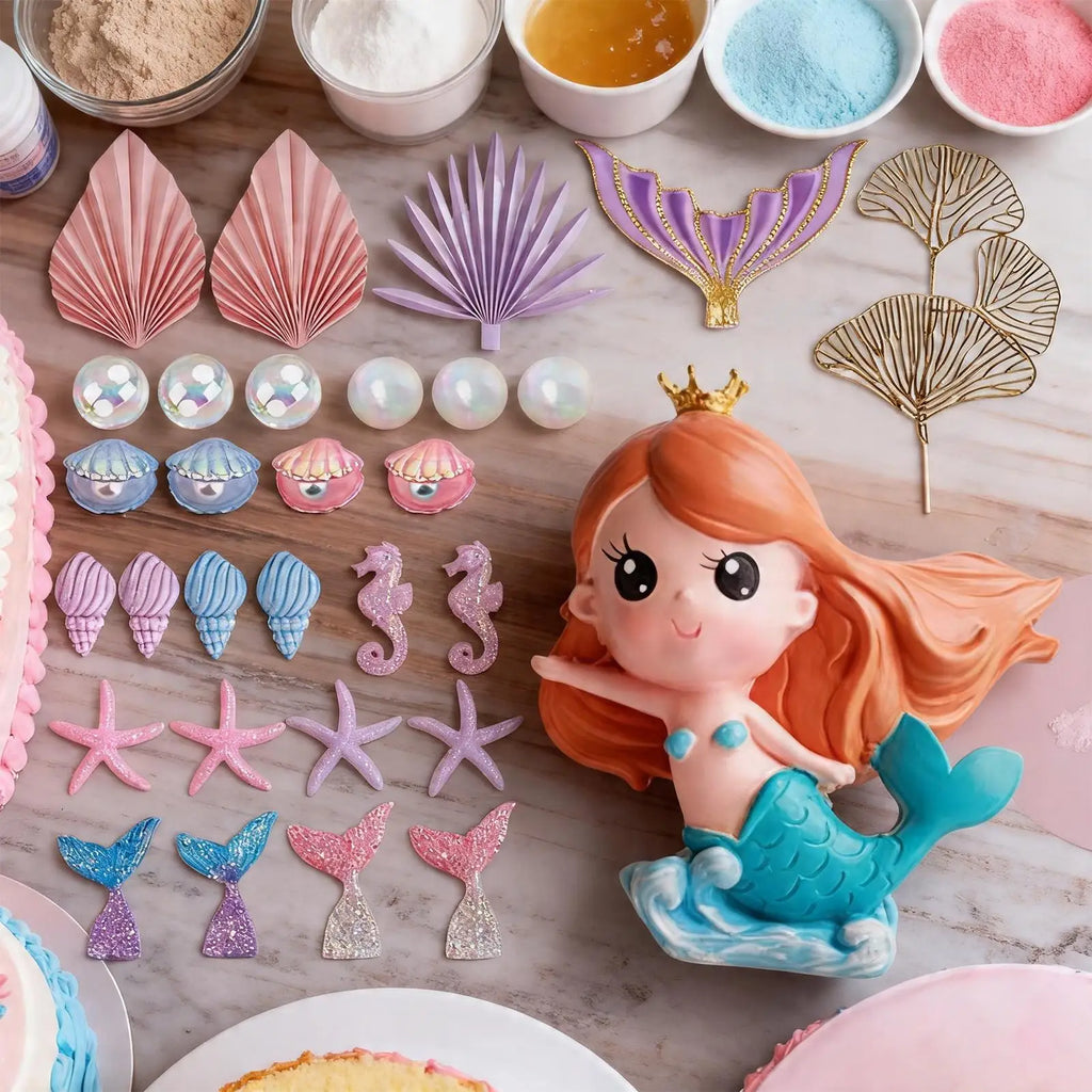 Mermaid Tail Cake Topper Set – Starfish & Seashells Decor Cake Topper Set Qme