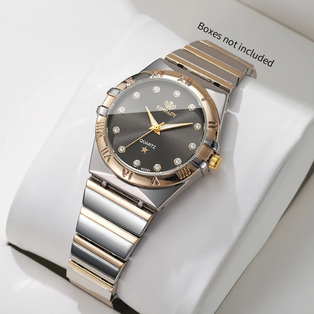 Two Tone Gold Silver Ladies Watch Rhinestone Dial Roman Bezel Ladies Dress Watch Qme Black No Box