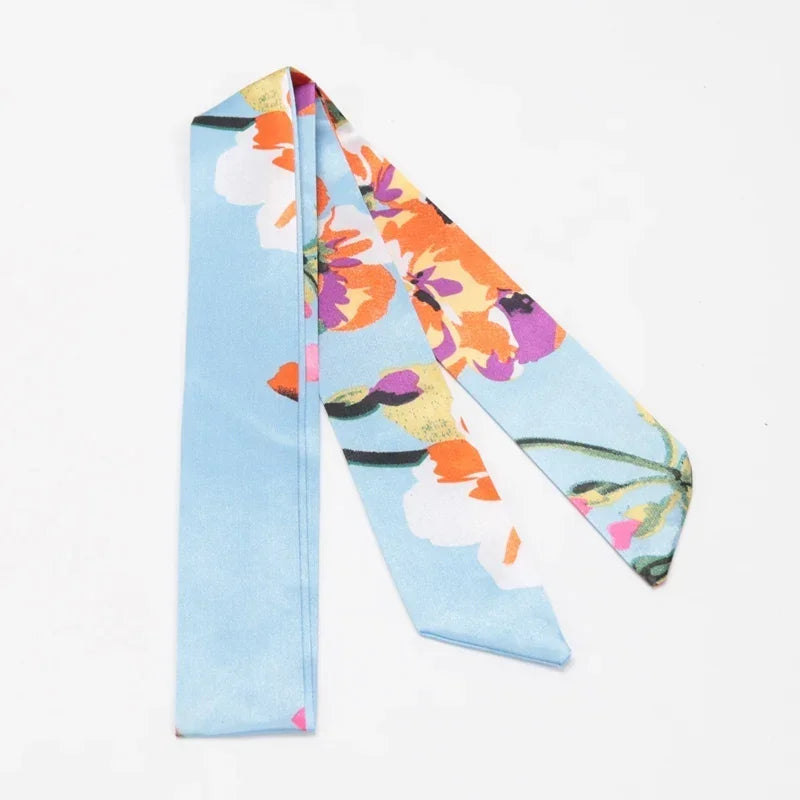 Women's Skinny Ribbon Scarf – Printed Polyester Hair Tie Ribbon Hair Scarf Qme A-15
