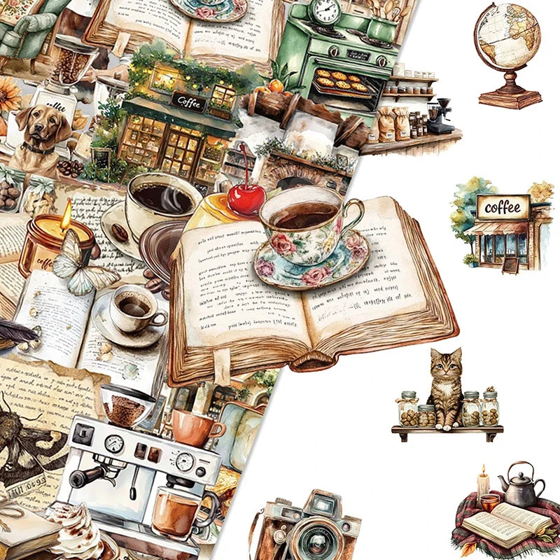 Retro Coffee Clip Stickers – Waterproof Aesthetic PET (50pcs) Decorative Stickers Qme