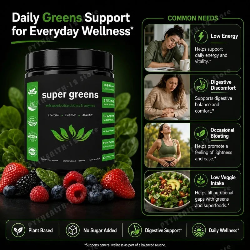 Super Greens Powder – Fruits, Veggies & Probiotics, 30 Servings Greens Supplement Powder Qst