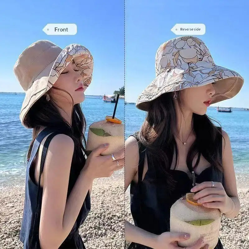 Women's Double-Sided Flower Print Wide Brim Bucket Hat Women's Bucket Hat Qst Khaki