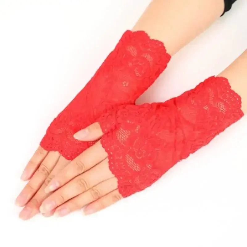 Women's Half-Finger Mesh Lace Gloves – Elegant Summer UV Style Lace Fingerless Gloves Qme Red