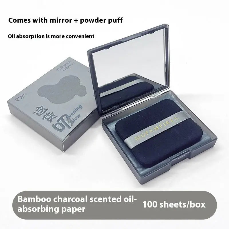 100-Sheet Oil-Absorbing Papers with Mirror Case & Puff Facial Blotting Papers Qme mirror box Black