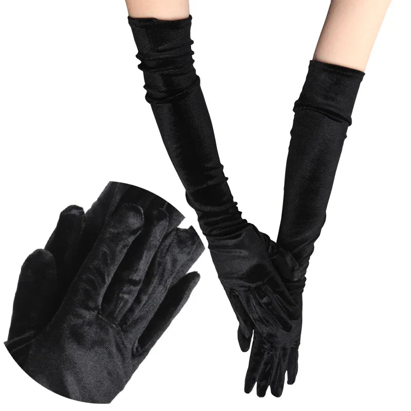 Women's Velvet Long Evening Gloves | Retro Banquet Mittens Evening Gloves Qme black one size