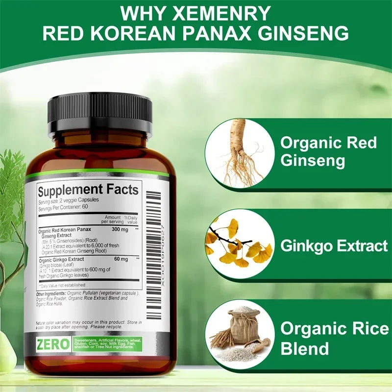 Korean Red Panax Ginseng & Ginkgo Biloba Capsules | Xemenry Herbal Supplement Qst