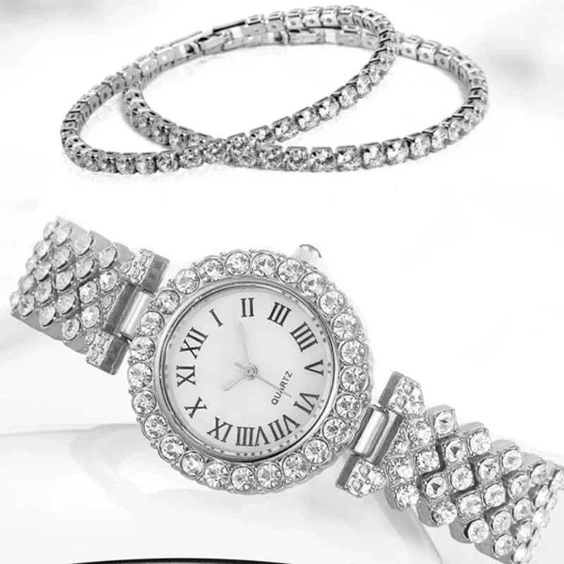 Women's Round Quartz Watch & Bracelet Set – 3 Pcs Jewelry Watch Jewelry Set Qme