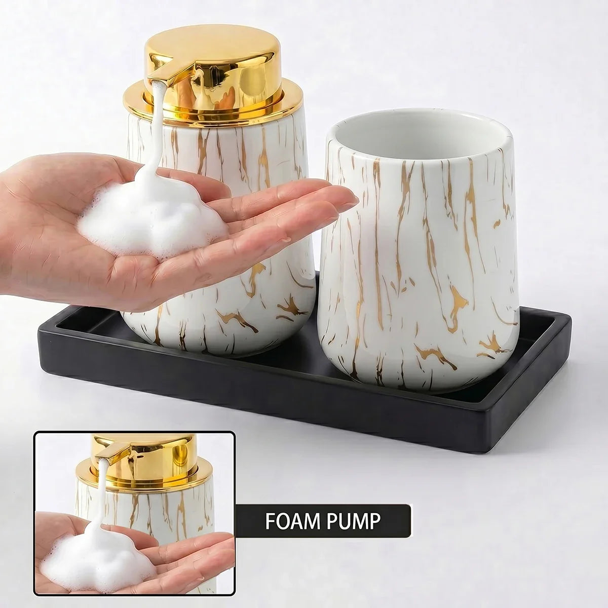White Marble Foaming Soap Dispenser | Luxury Bathroom Accessory Foaming Soap Dispenser Qme gold foam set