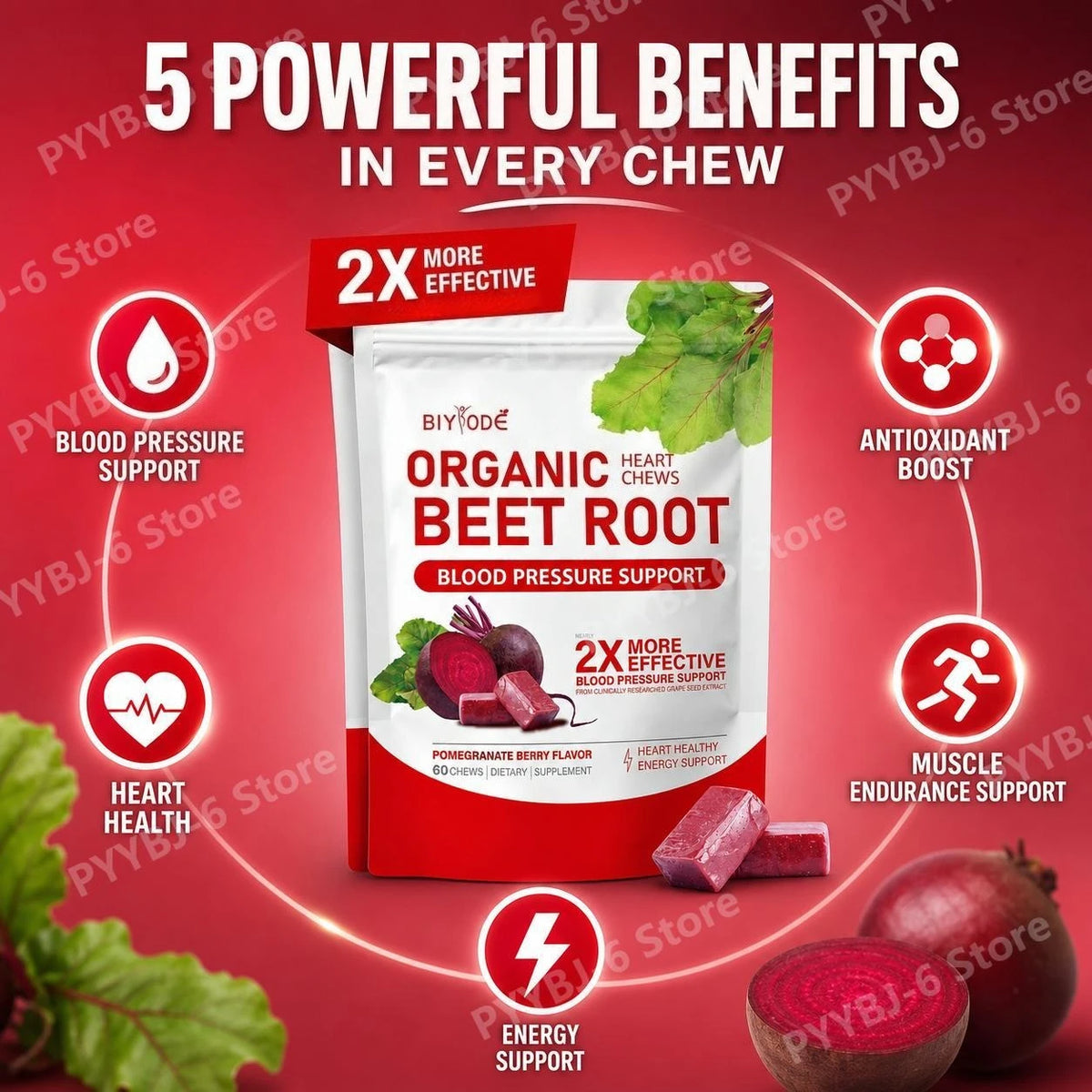 Organic Beet Root Gummies 500mg + Grape Seed Extract – 60 Ct Herbal Supplement Gummies Qst