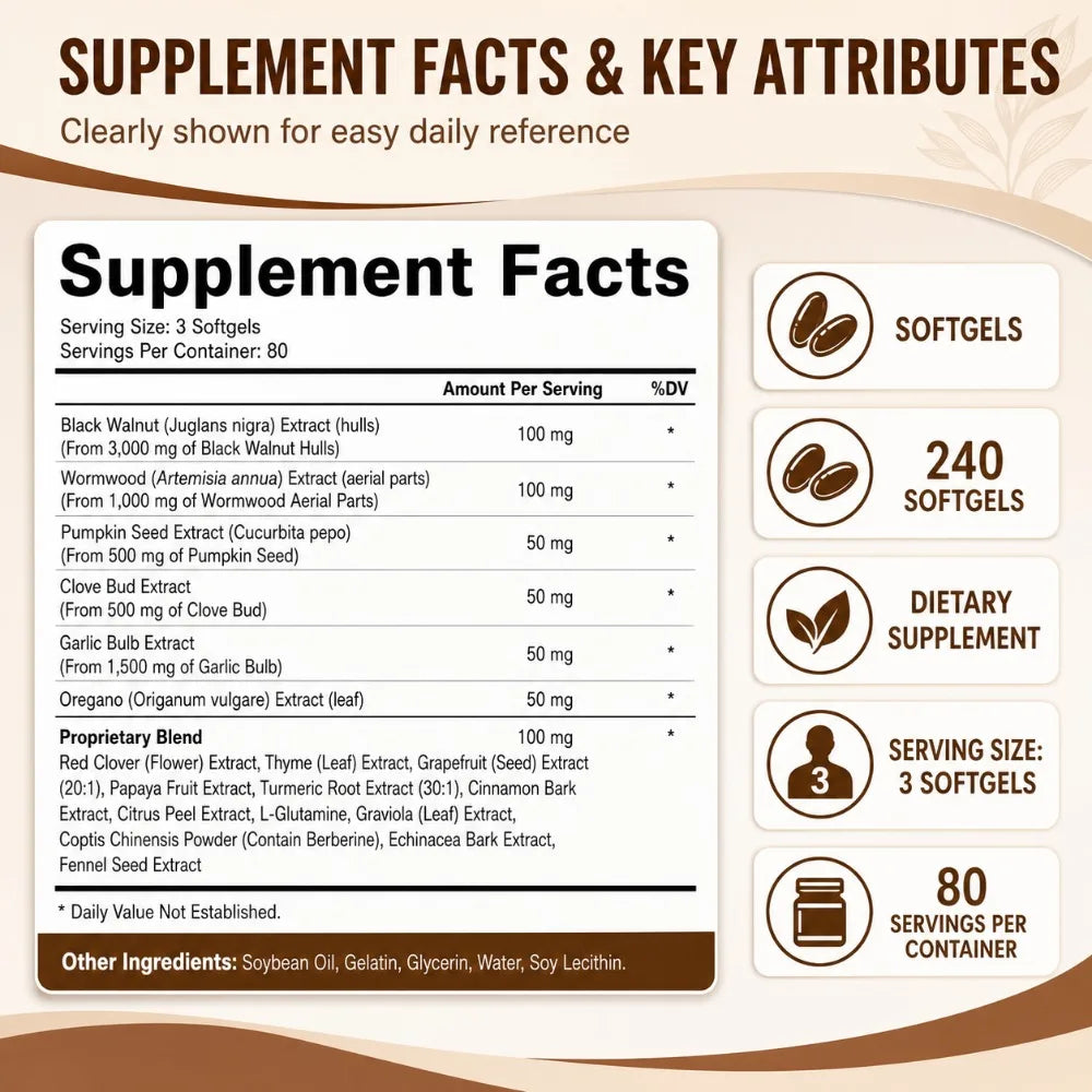 Wormwood Black Walnut Cloves 6600mg 18-in-1 Herbal Softgels 240ct Herbal Supplement Softgels Qst