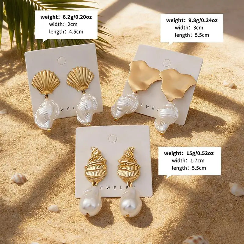 Bohemian Shell Pearl Gold Drop Earrings – Boho Beach Dangles Drop Earrings Qst