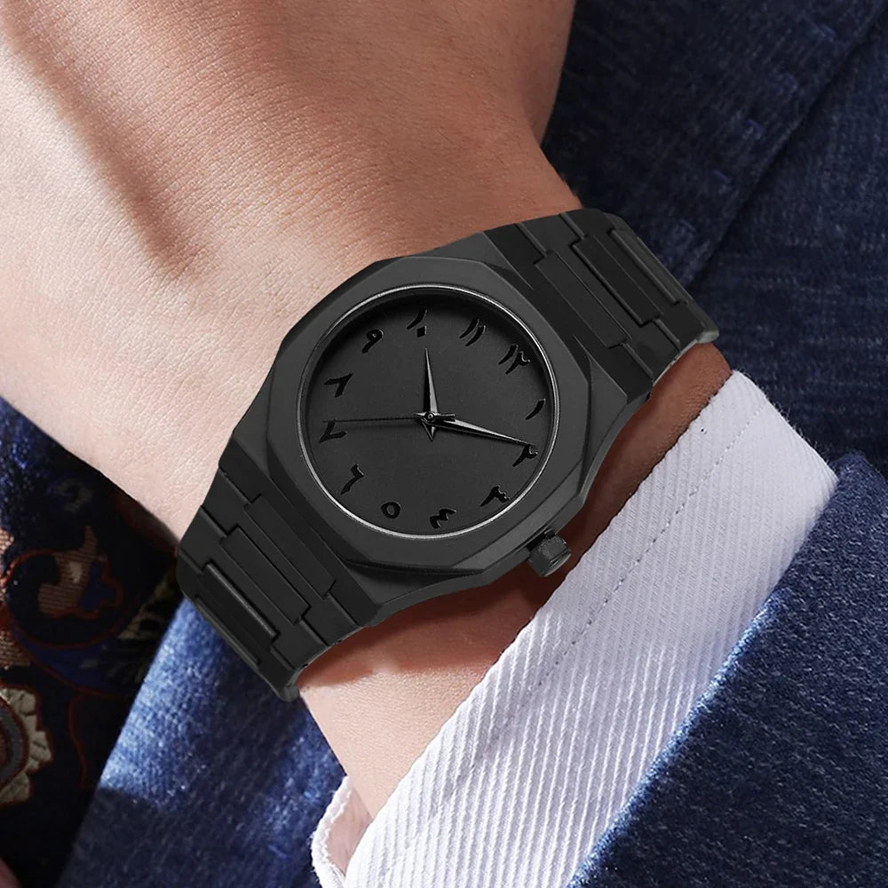 Matte Black Octagonal Men's Watch & Cuban Bracelet Set Men's Watch Set Qme
