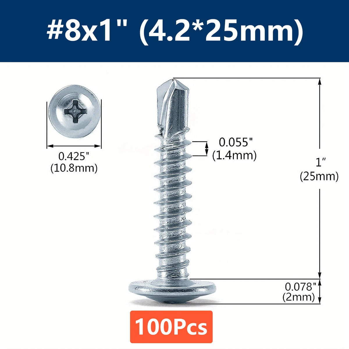 #8 Phillips Truss Head Self-Drilling Tek Screws | Zinc Sheet Metal Self-Drilling Screws Qme 100pcs 25mm