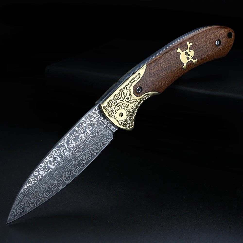 XUANFENG Damascus Steel Brass Skeleton Folding Pocket Knife Folding Pocket Knife Qst