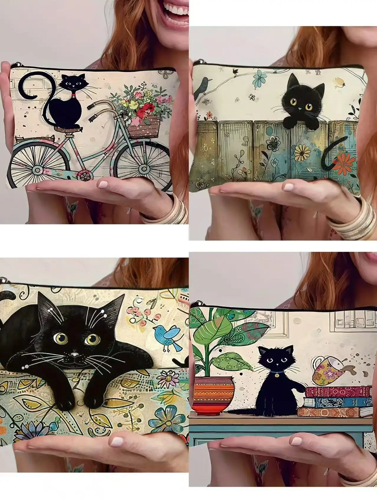 Black Cat Cosmetic Bag – Water-Resistant Polyester Zip Pouch Cosmetic Zip Bag Qme