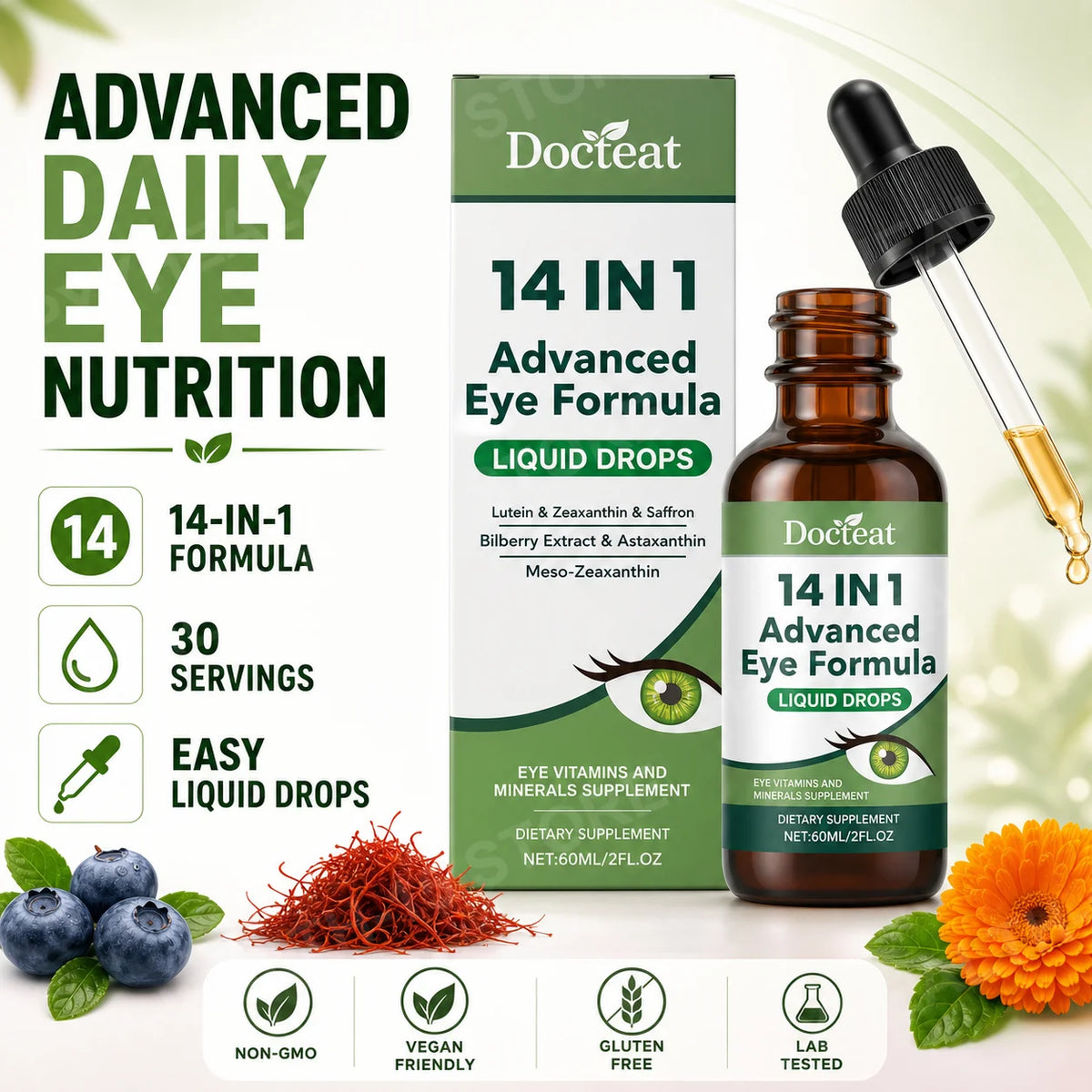 Docteat 14-in-1 Eye Wellness Drops – Lutein, Zeaxanthin & Omega-3 Eye Wellness Supplement Qst