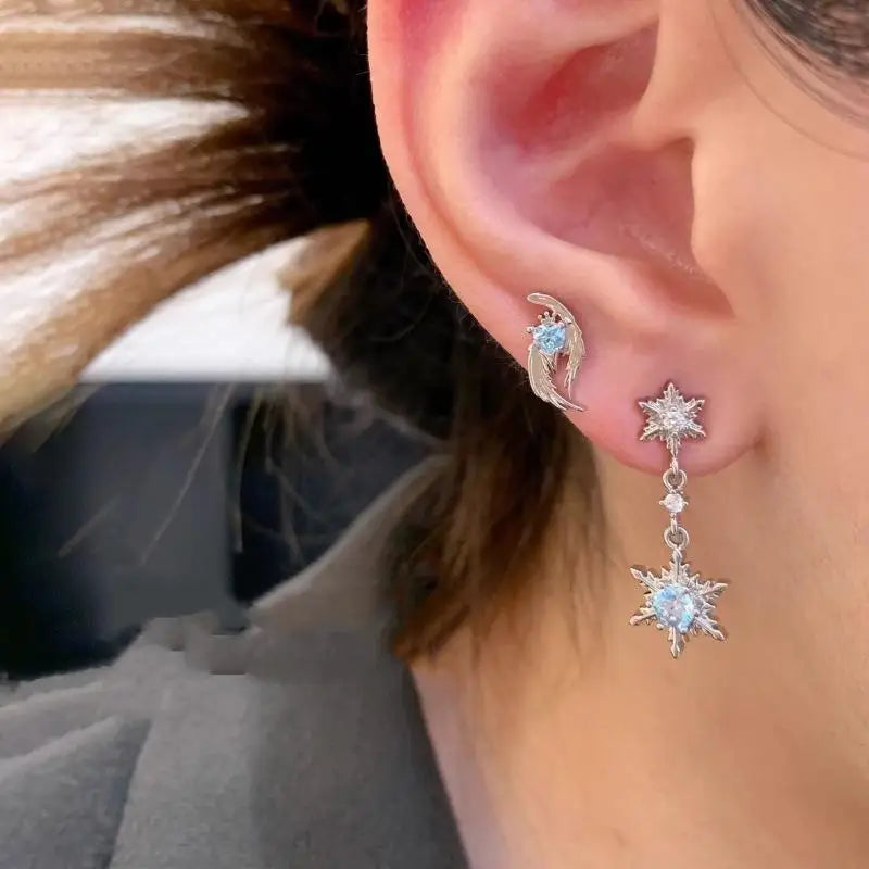 Y2K Silver Wing Heart Cartilage Dangle Earrings – Star Cross Snowflake Cartilage Dangle Earrings Qme