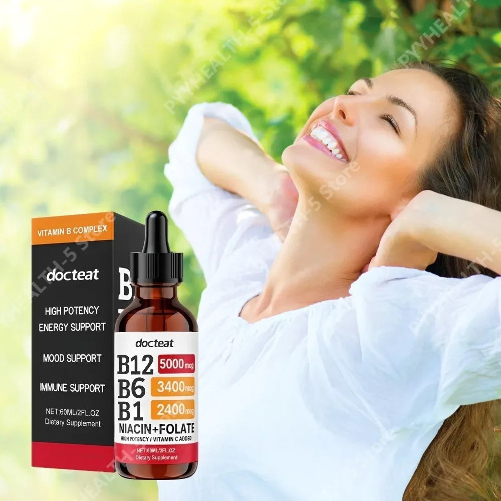 Docteat Vitamin B Complex Liquid Drops B12 B6 B1 – 60ml Vitamin B Supplement Qst
