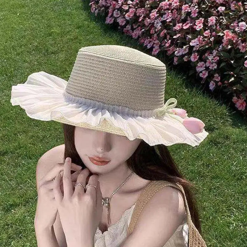 Women's Wide Brim Straw Sun Hat – French Lace Bow Beach Hat Wide Brim Sun Hat Qst A one size