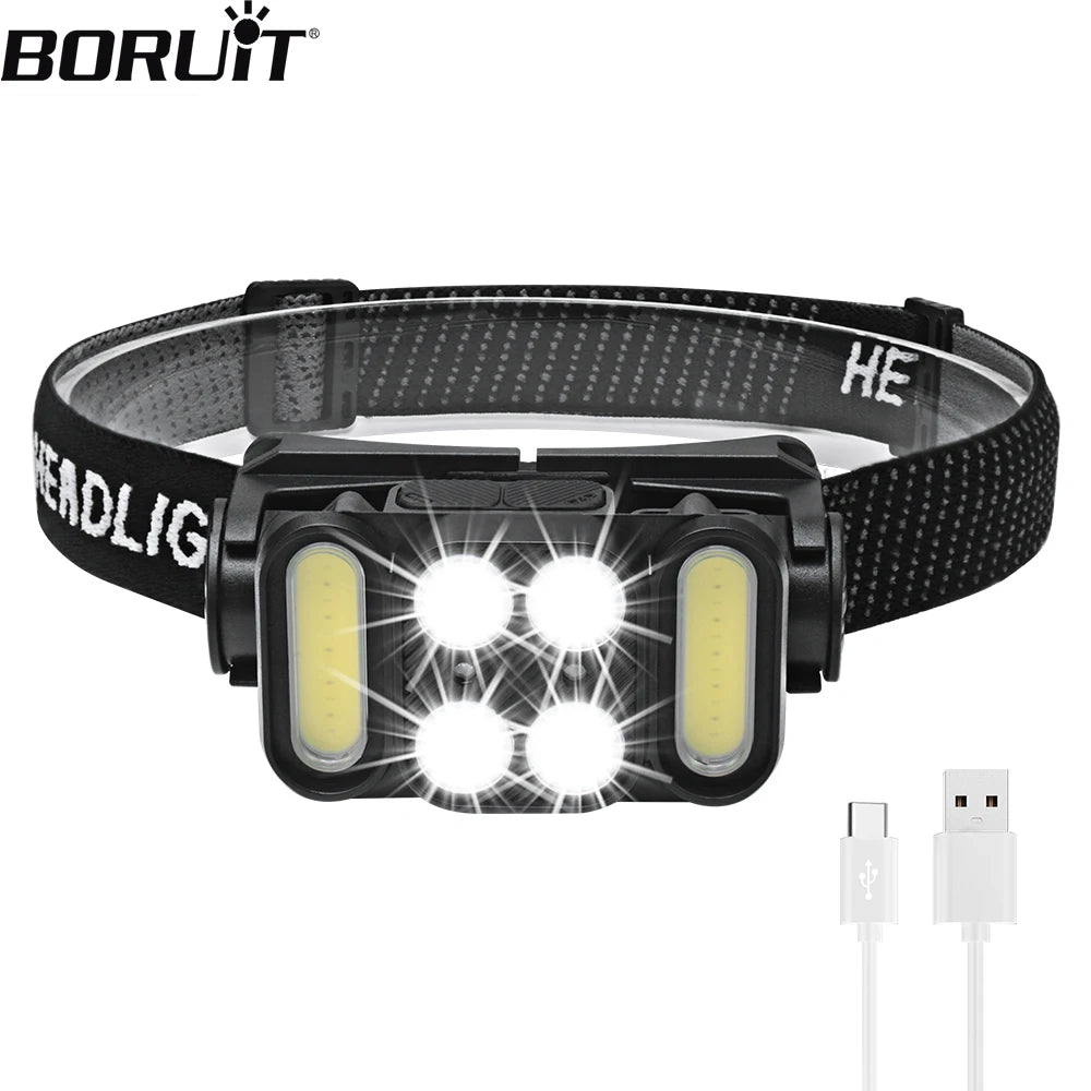 BORUiT LED Sensor Headlamp – COB 5-Mode Rechargeable IPX4 LED Headlamp Qst black