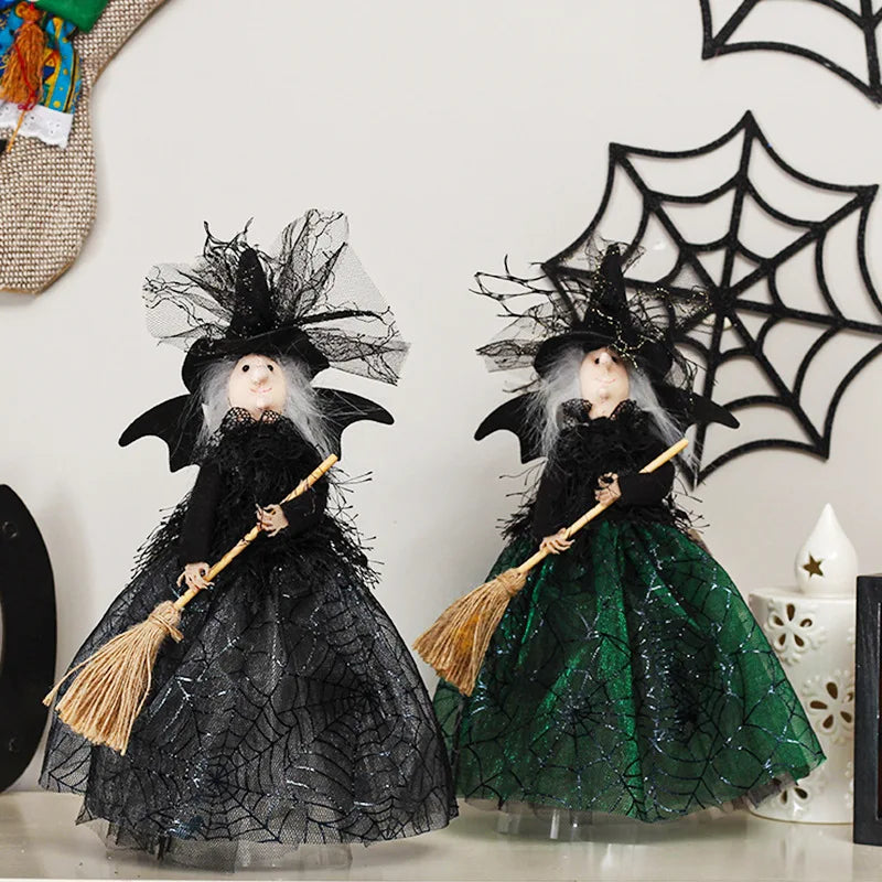 Halloween Witch Doll Ornament – Broom, Spider Web & Sequin Dress Halloween Ornament Qme
