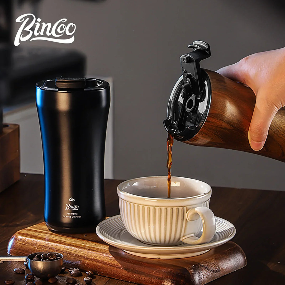 Bincoo Wood Grain Coffee Tumbler | 316 Stainless Steel Thermos Insulated Coffee Tumbler Qst