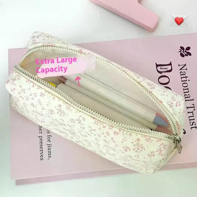 Large Capacity Pink Floral Pencil Pouch & Handheld Pen Bag Pencil Pouch Qme