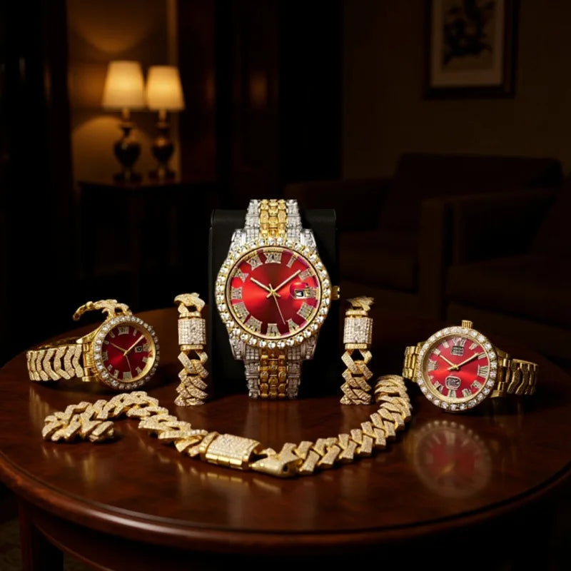 Hip Hop Diamond Watch, Bracelet & Necklace Set – 10 Colors Hip Hop Watch Set Qme