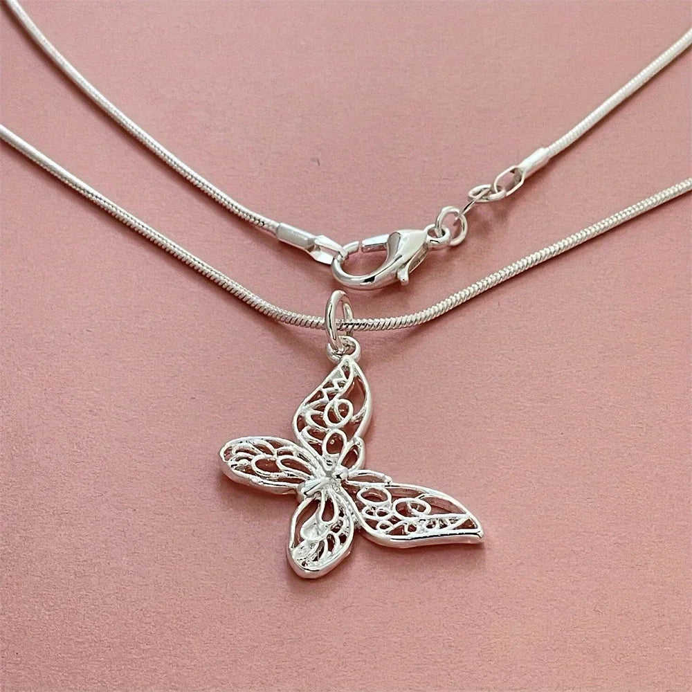 925 Sterling Silver Butterfly Necklace | Kpop Snake Chain Silver Butterfly Necklace Qme