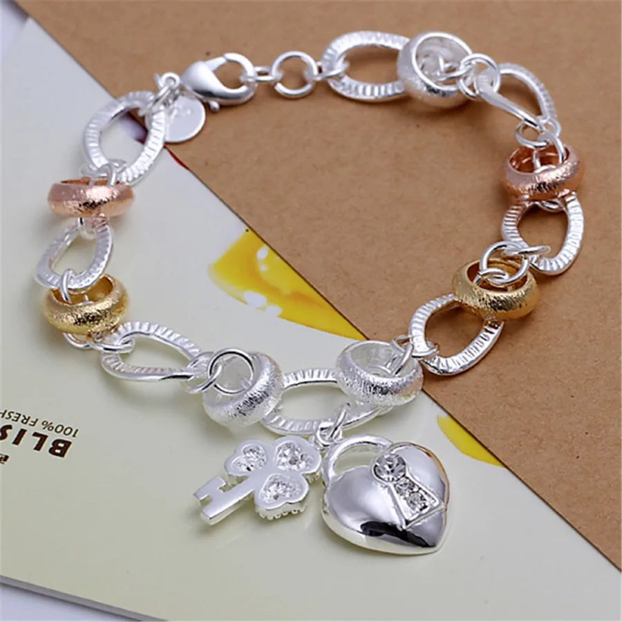 925 Sterling Silver Heart Clover Flower Bracelet – 8 Inch Silver Bracelet Qme Silver 20cm
